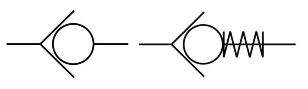 Symbol for enveisventil med streker og to sirkler. Sirklene tetter mot en V i strekene. Illustrasjon.