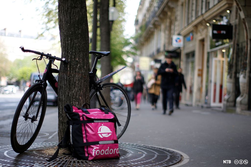 Bicycle and Foodora-bag leaned up to a tree on a Berlin Street. Photo.