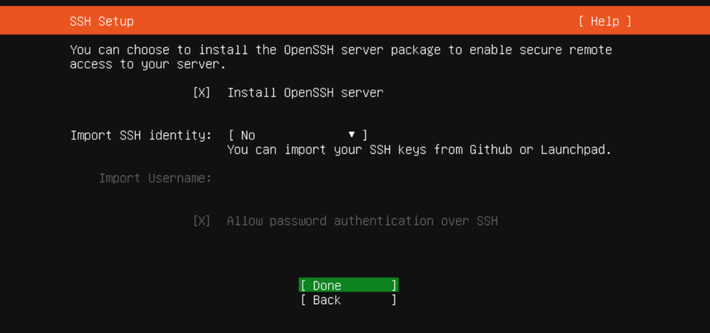 Avkrysningsboks for om SSH-server skal installeres og aktiveres. Skjermbilde fra Ubuntu Server 20.04.