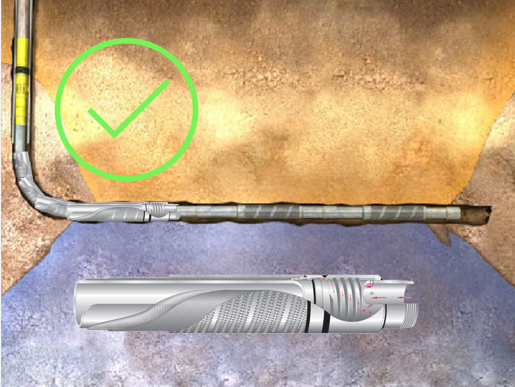 En horisontal brønn er komplettert med ICD og sandfilter. Reservoaret er jevnt drenert for olje. Vann og gass kommer inn mot brønnen. Illustrasjon. 