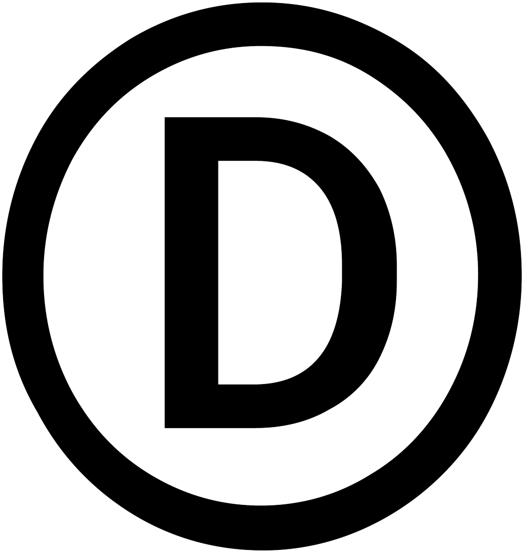 Bokstaven d i en sirkel som symbol for registrert design. Illustrasjon.