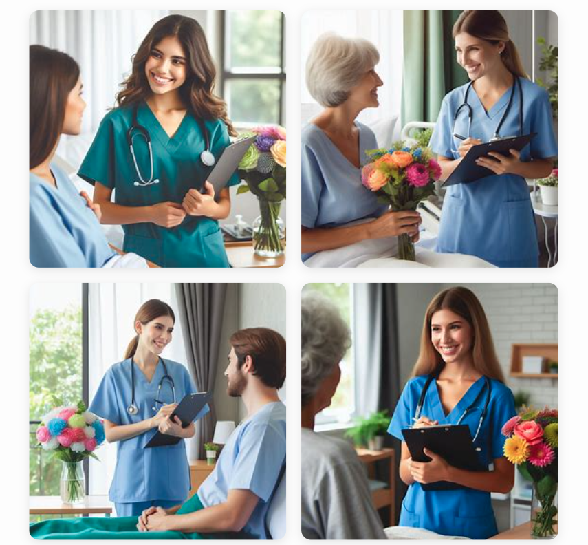 Fire ulike bilder som alle viser en kvinne i sykepleieruniform sammen med en pasient. KI-foto.