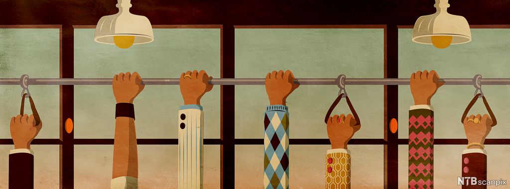 Row of different arms holding bar straps on a train