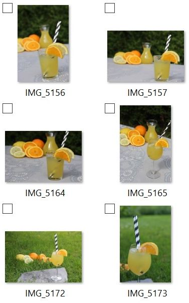 Utklipp fra ei mappe med seks bildefiler. Alle bildefilene viser glass med gul limonade og har grønne busker eller grønt gress i bakgrunnen. Bildefilene har navn som IMG_5156. Skjermutklipp.