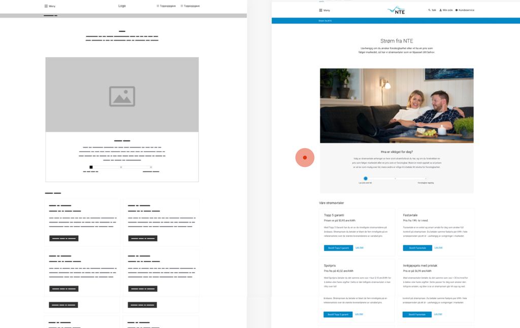 To nettsideoppsett. Til venstre ser vi eit grovt og forenkla oppsett med grå boksar og felt med tekst eller biletboksar. Til høgre ser vi eit meir gjennomarbeida oppsett med ekte bilete, fargar og eit meir klart design. Skjermbilete.