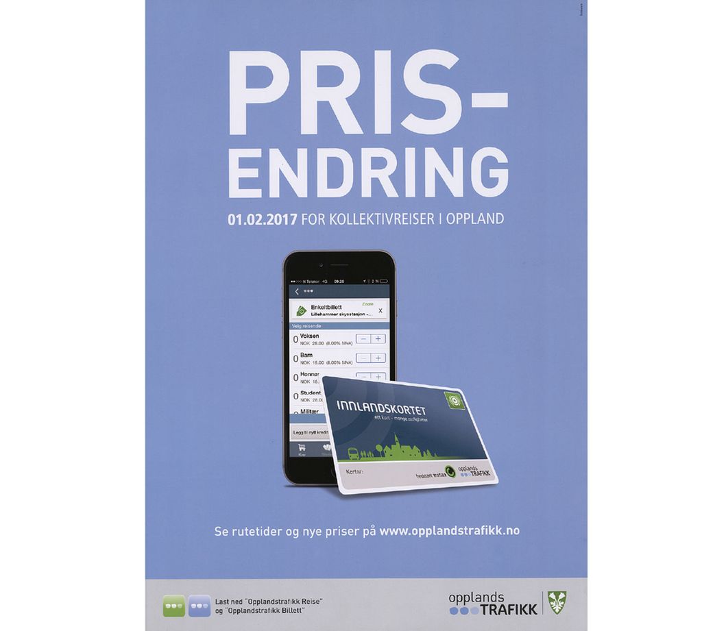 Informasjonsplakat med hovedtittelen PRISENDRING, som er skrevet med stor font. Mellomtittelen er: 01.02.2017  FOR KOLLEKTIVREISER I OPPLAND. Et annet blikkfang er bildet av en mobiltelefon med billettalternativer på skjermen i tillegg til bilde av et fysisk busskort med påskriften INNLANDSKORTET. Illustrasjon.