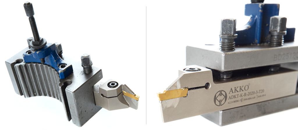 To bilete av verktøyhaldar med stikkstål i hardmetall. Foto.