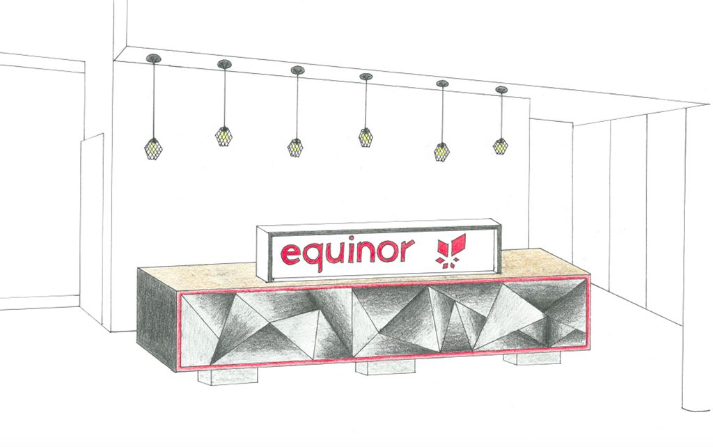 Skranke med Equinor-logo. Tegning.