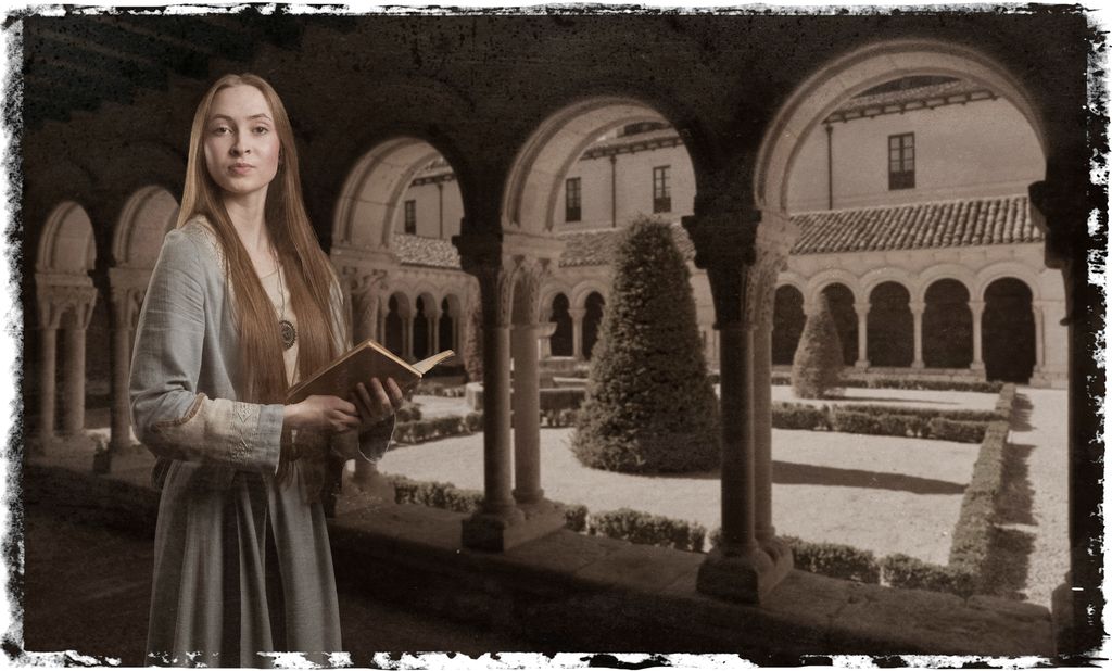 Ung kvinne i blå kjole i en klostergård med søyleganger rundt en åpen plass. Hun holder ei åpen bok. Manipulert foto.