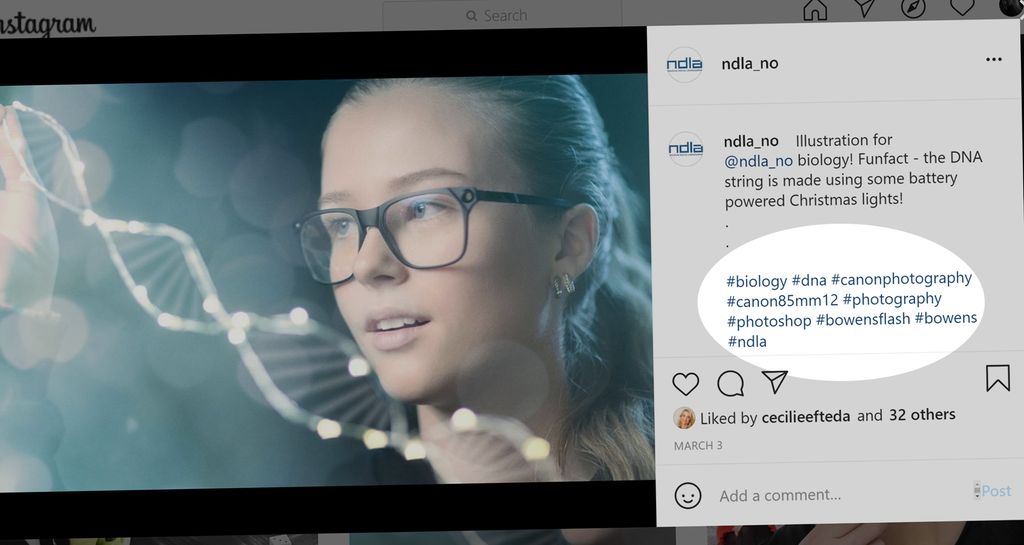 En instagrampost med et bilde av ei jente og mange emneknagger i bekrivelsesfeltet. Foto.