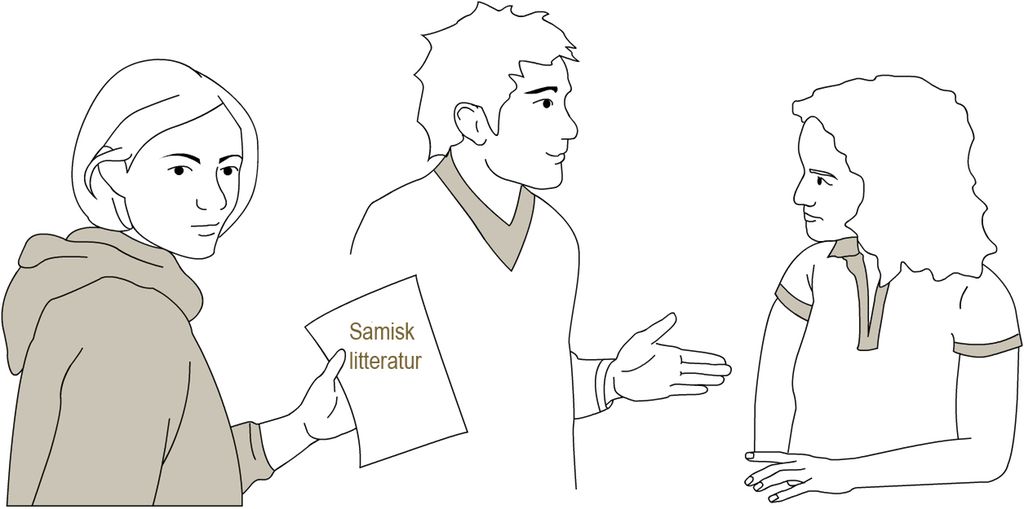 Tre studenter diskuterer samisk litteratur. Tegning.