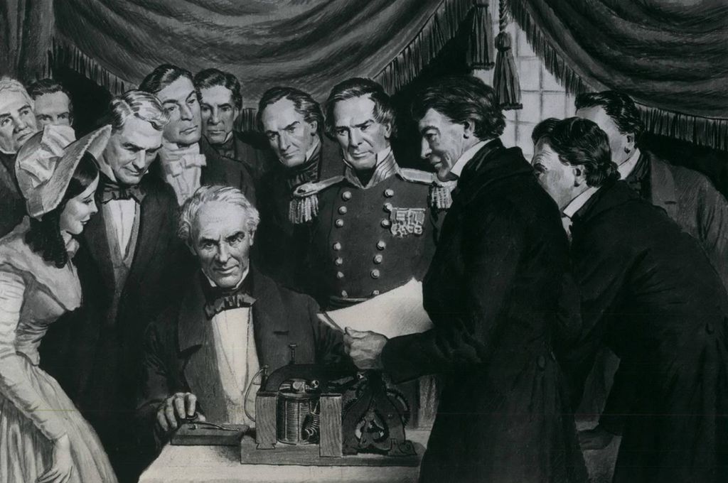 Samuel Morse sitter med fingeren på et morseapparat. Rundt han står mange formelt kledde menn og en kvinne. Illustrasjon.