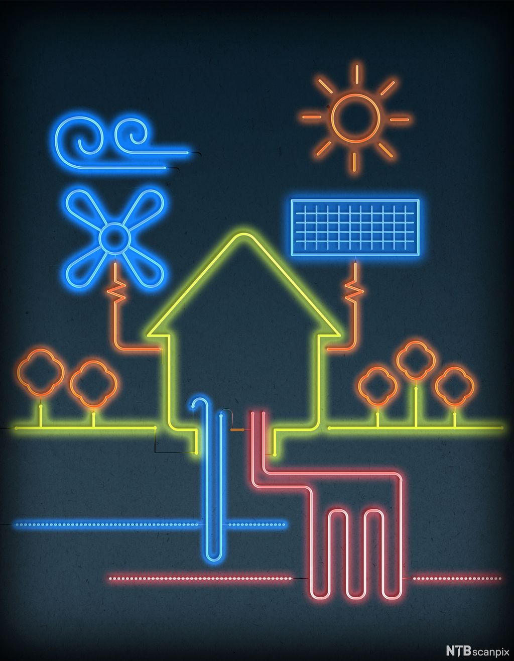 Neonlys i ulike farger viser energi fra ulike kilder inn og ut av et stilisert hus. Foto.
