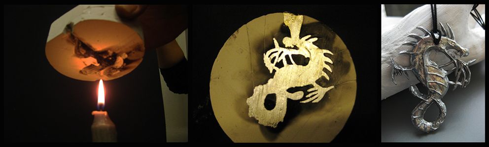 Tre bilete i lag som viser korleis ein kan brenne gipsforma før ein smelltar smykket.