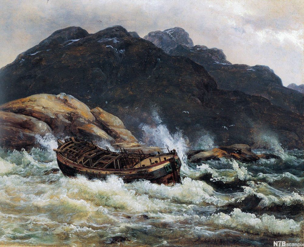 Skip i storm som har gått på grunn. Måleri.