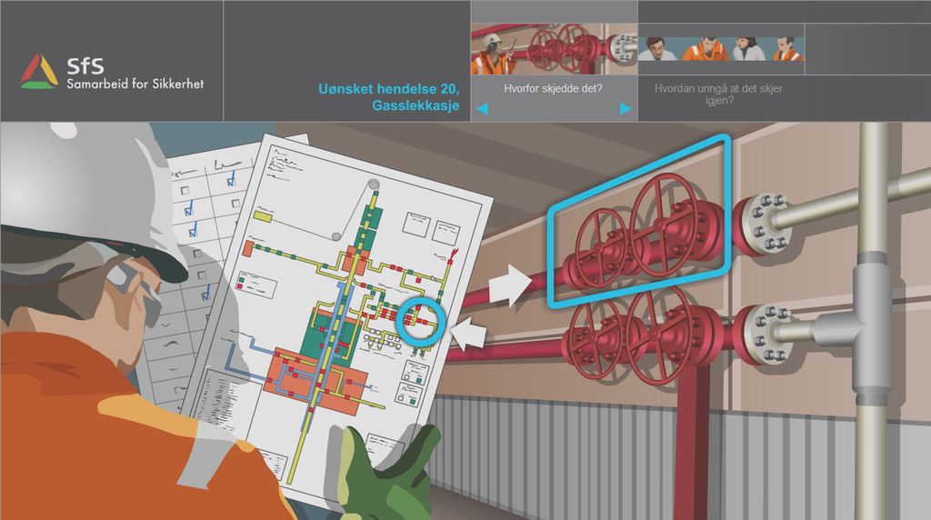 Arbeider sammenligner rør og ventilratt med teknisk tegning og ei sjekkliste. Illustrasjon.