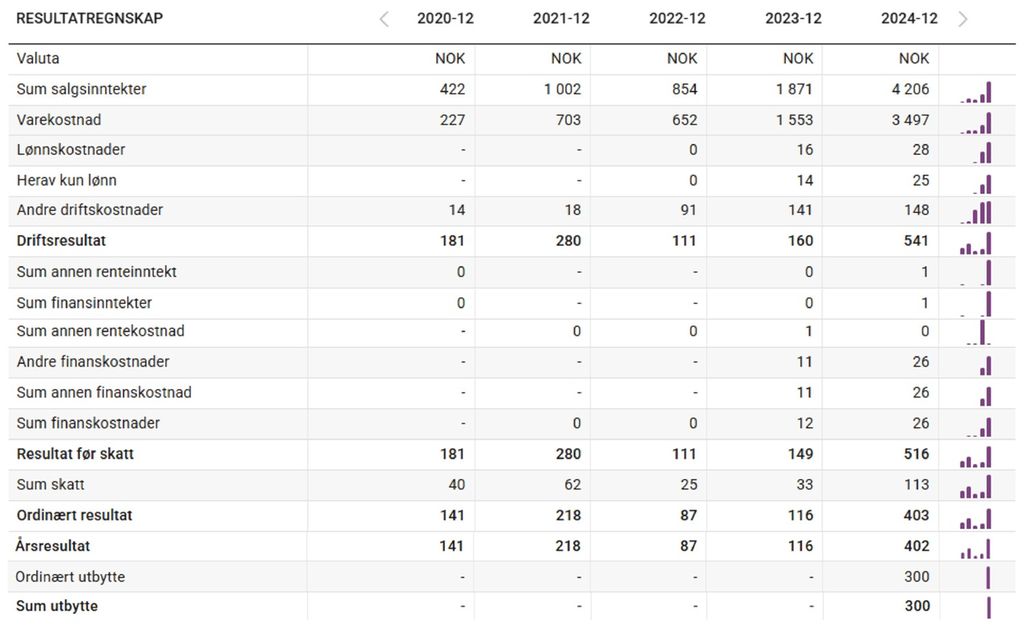 Tabell med resultatregnskapet for Oppegård brus AS for årene 2020–2024. Tabellen kan nås via lenka Regnskapstall for Oppegård brus AS på proff.no under. Skjermutklipp.