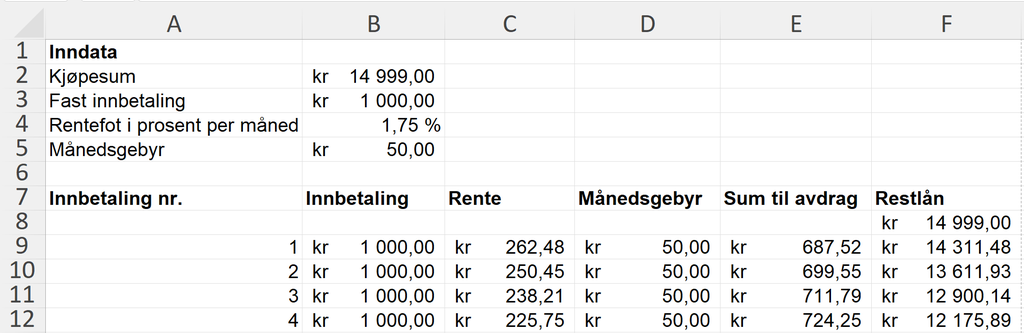 Eksempel på hvordan regnearket til oppgave 1 kan se ut. Regnearket finnes i sin helhet i løsningsfila, som er lagt ved lenger ned på siden. Skjermutklipp.