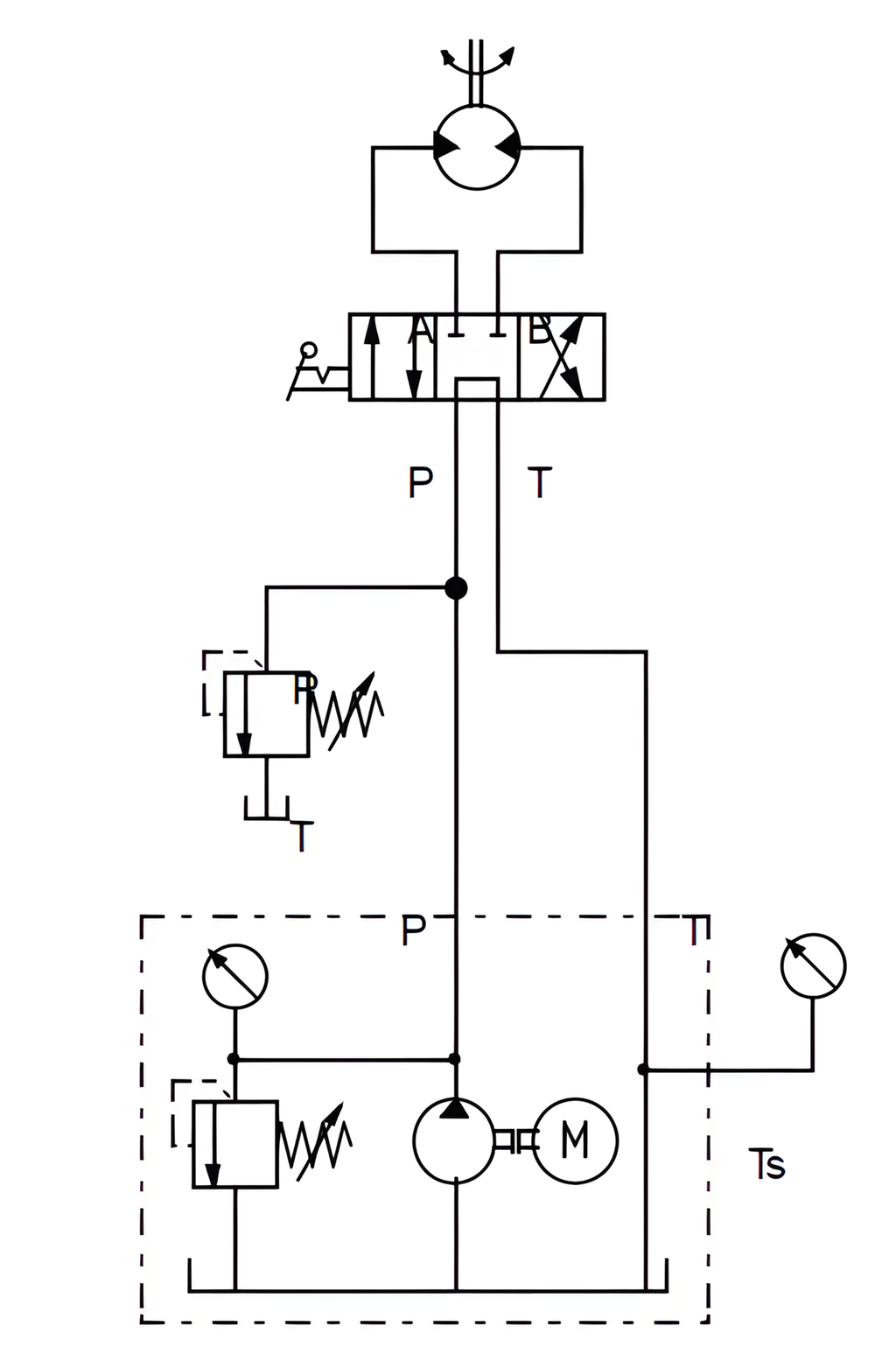 Hydraulisk motor og 4/3 retningsventil. Tegning.