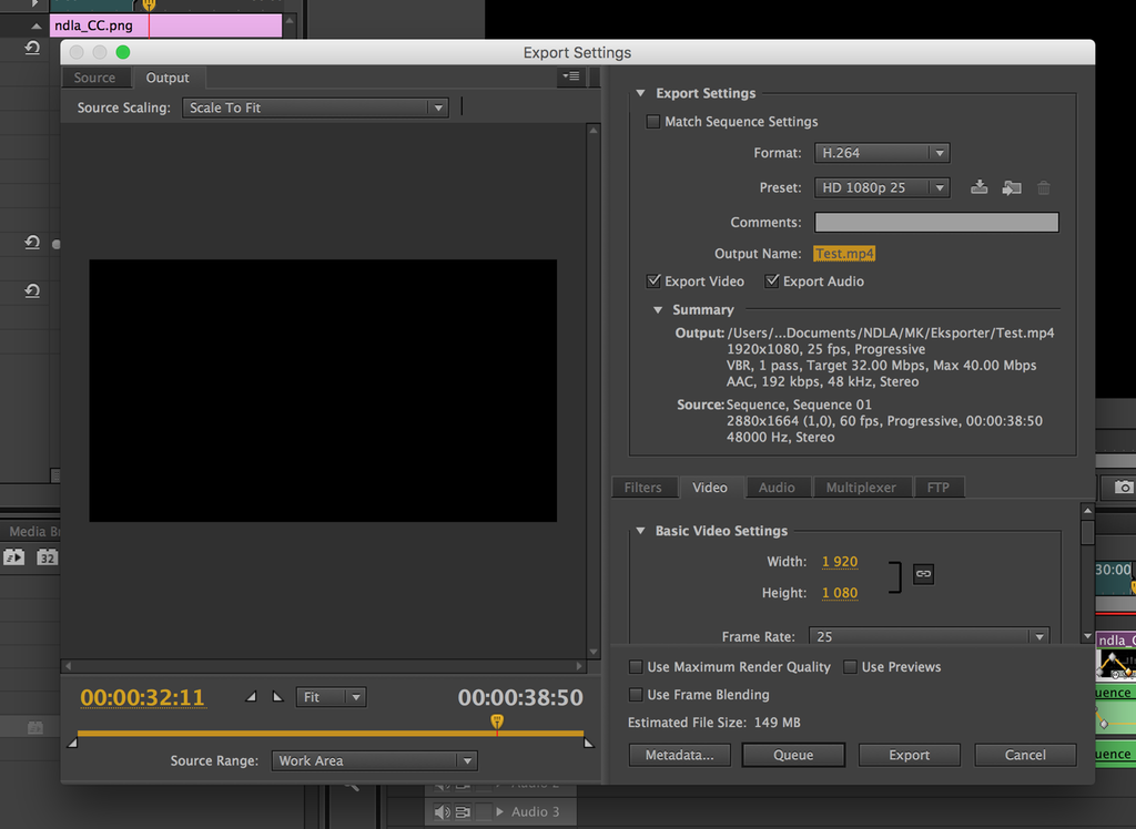 Eksportvindauge i videoredigeringsprogram. Skjermdump.