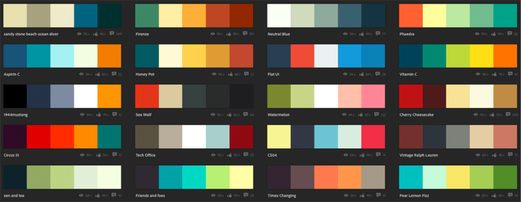 En rekke fargeforslag fra Adobe Color. Skjermdump.