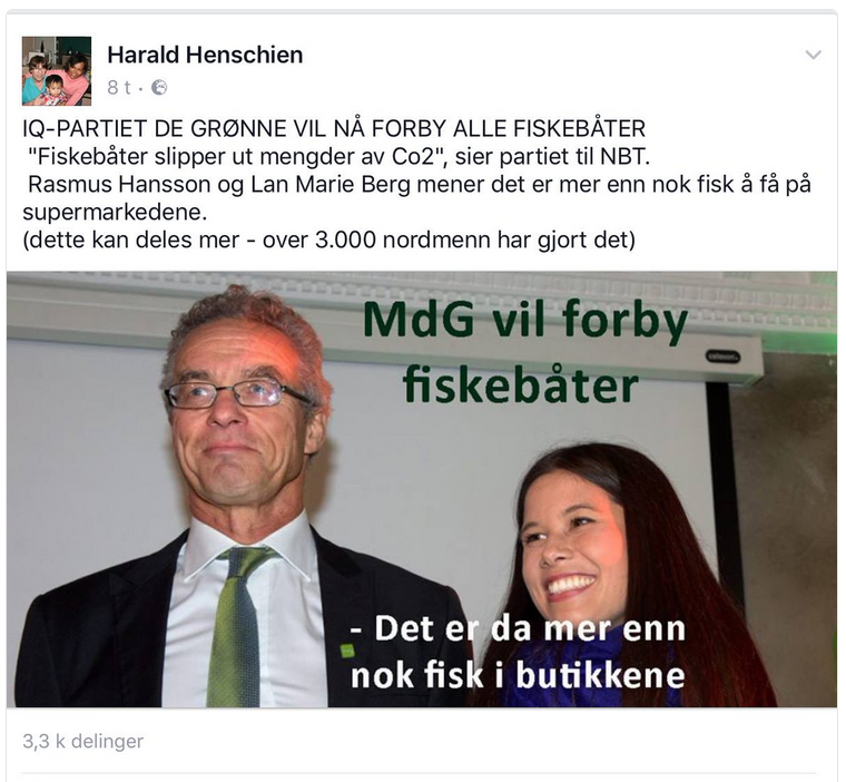 Skjermdump av Facebook-innlegg fra Harald Henschien med bilde av Rasmus Hansson og Lan Marie Berg. Bildet er påført teksten "MdG vil forby fiskebåter" og en replikk: "Det er da mer enn nok fisk i butikkene".