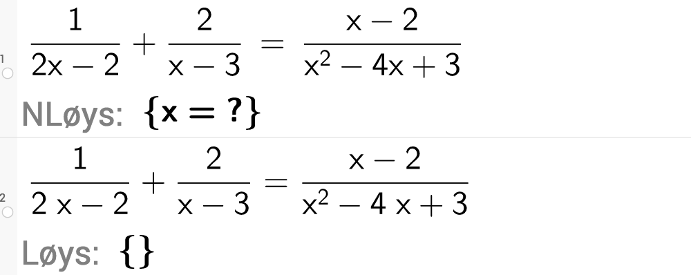 Løyse likninger med rasjonale uttrykk i GeoGebra. Bilete.
