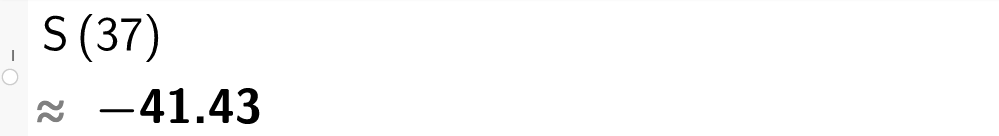 På linje 1 i CAS-vinduet i GeoGebra er S av 37 regnet ut med tilnærming til minus 41,43. Skjermutklipp.