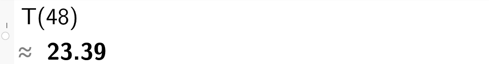 CAS-utrekning i GeoGebra. På linje 1 står det T av 48. Svaret med tilnærming er 23,39. Skjermutklipp.