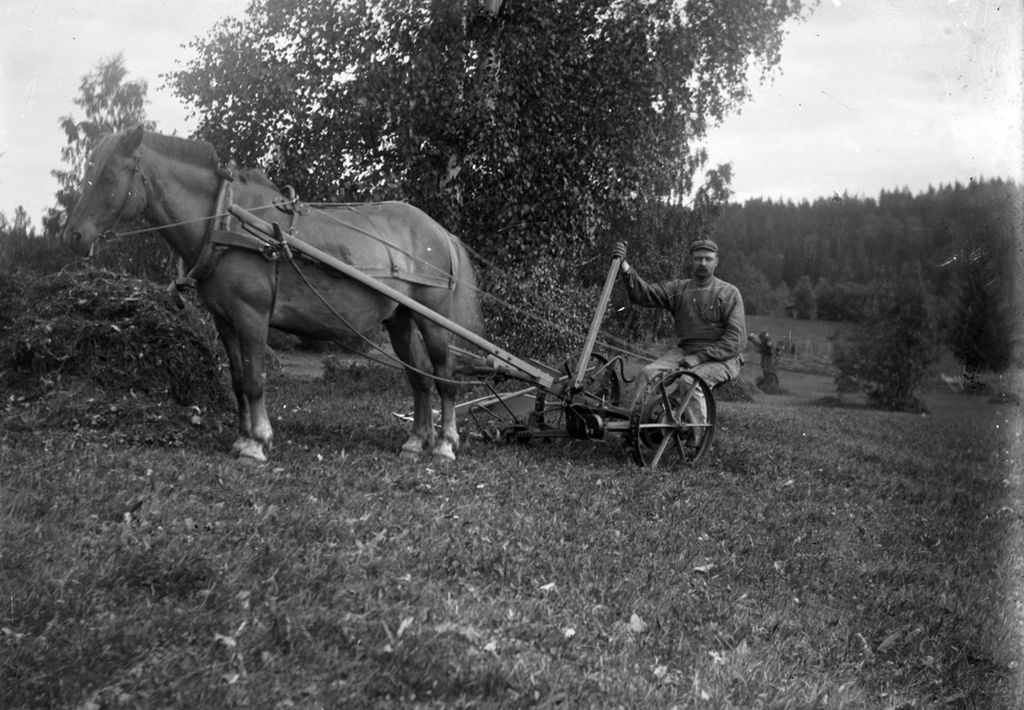 En mann sitter på en slåmaskin som trekkes av en hest. Foto. 