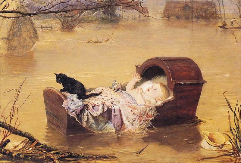 A baby and a black kitten float down a river in a wooden crib. The water is golden brown. Illustration.
