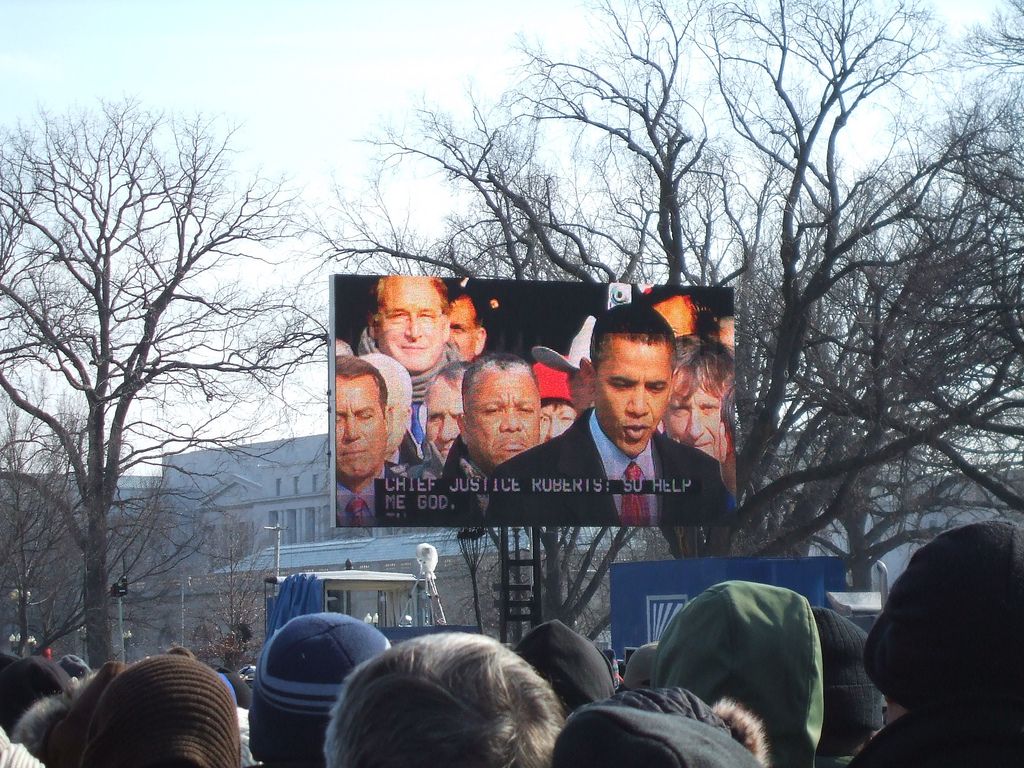 Barack Obama on big screen.photo.