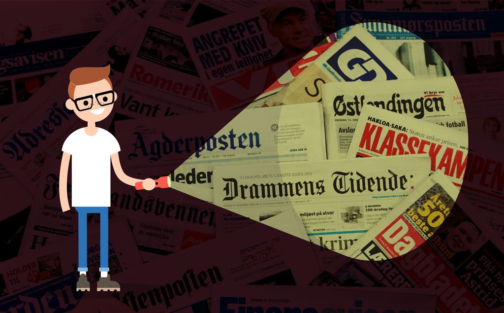 En gutt med lommelykt lyser på forskjellige aviser. Illustrasjon.