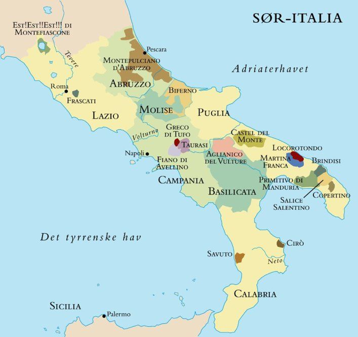 Kart over Sør-Italia. Illustrasjon.