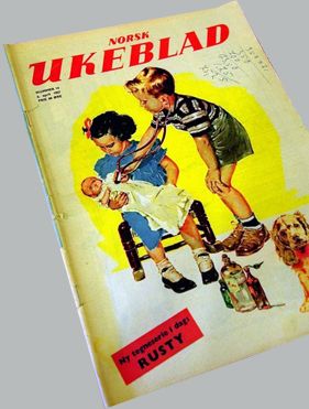 Framsida til Norsk ukeblad med bilete av ei lita jente med dokke og ein gut som leikar doktor. Faksimile.