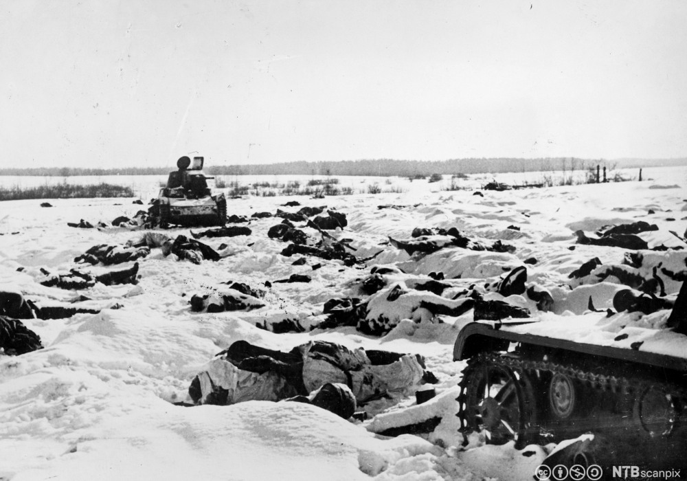 Mange døde soldater og noe militært utstyr ligger mer eller mindre nedsnødd utover ei slette. Foto.