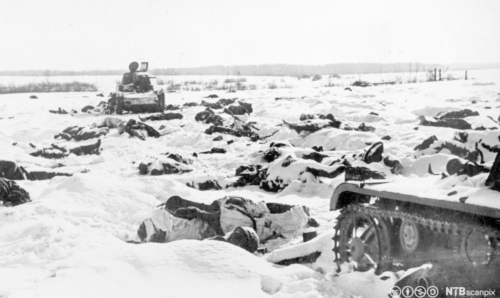 Mange døde soldater og noe militært utstyr ligger mer eller mindre nedsnødd utover ei slette. Foto.