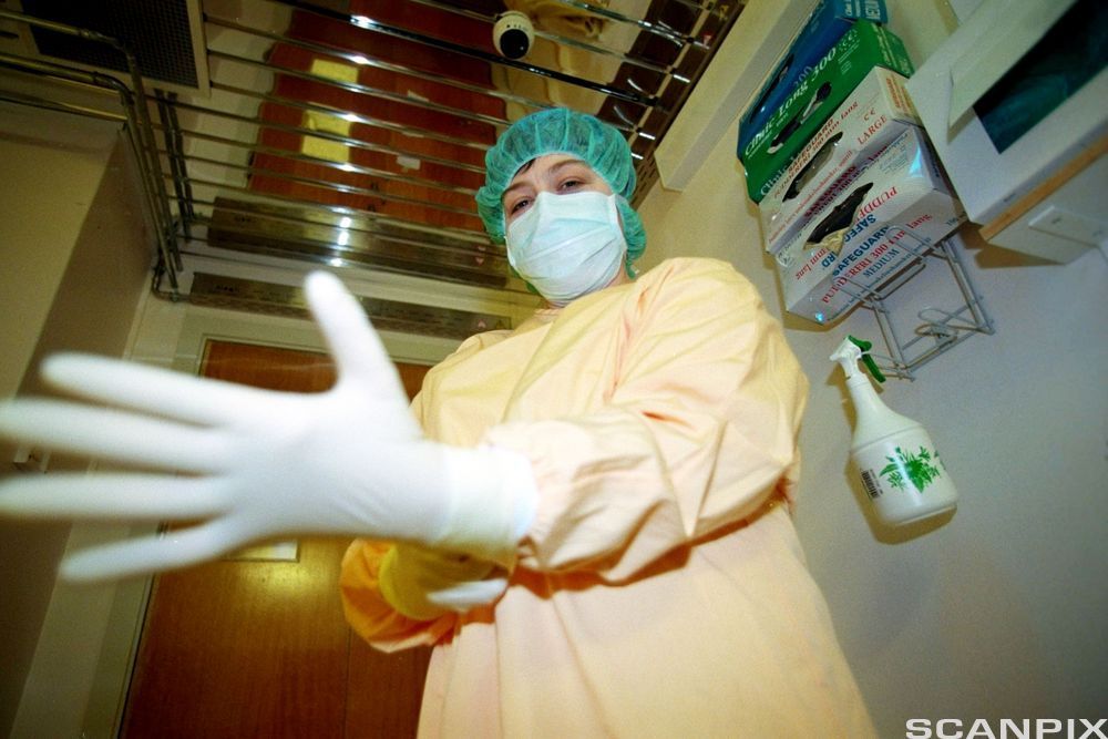 Person med munnbind, helsefrakk og hårnett tek på seg eingongshanskar. Foto.