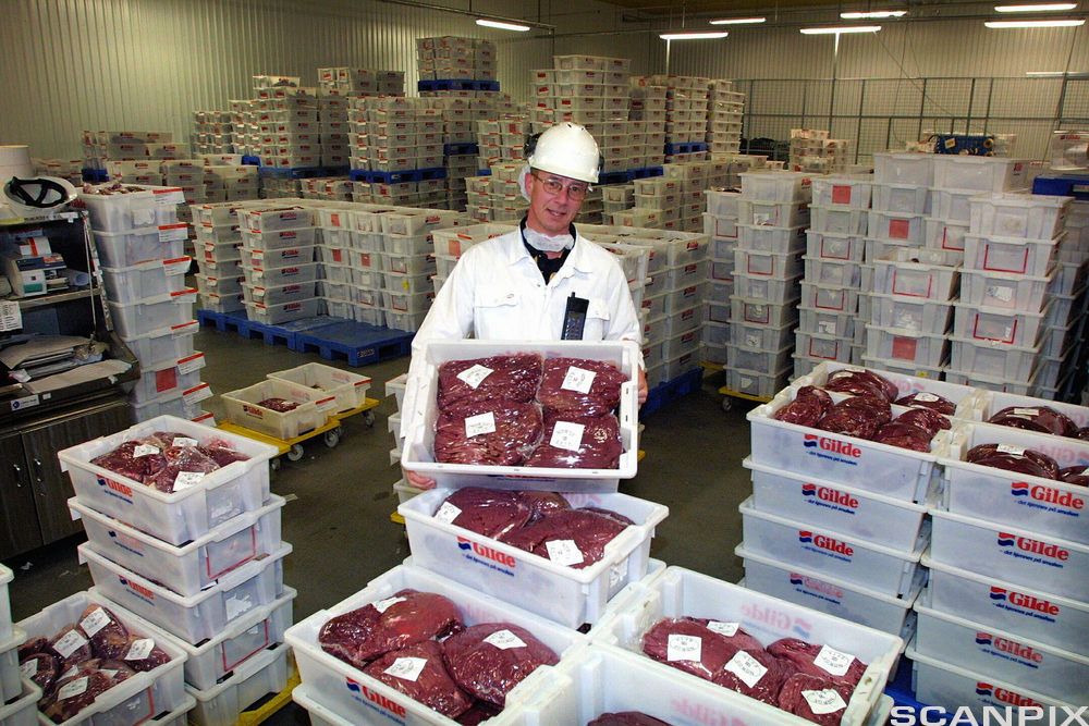 Larerarbeider viser frem kjøttvarer i plastkasser. foto.