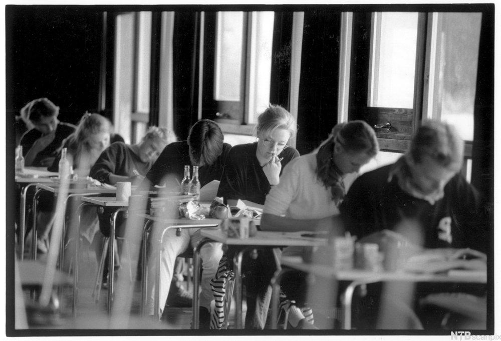 Foto av ei rad med elevar som sit konsentrert om oppgåver ved kvart sitt bord.