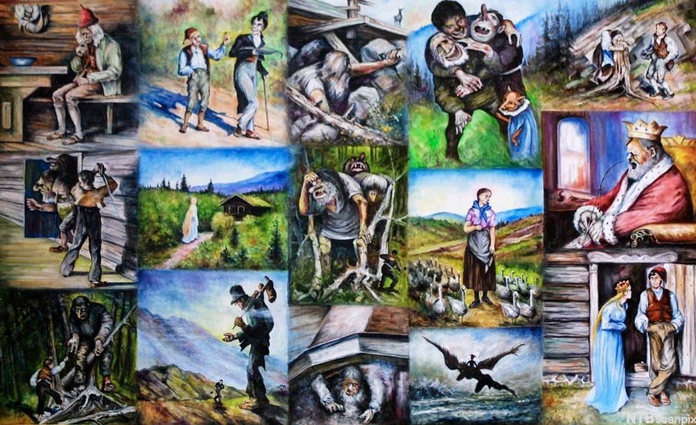 Kollasj med mange ulike eventyrmotiv. Illustrasjon.