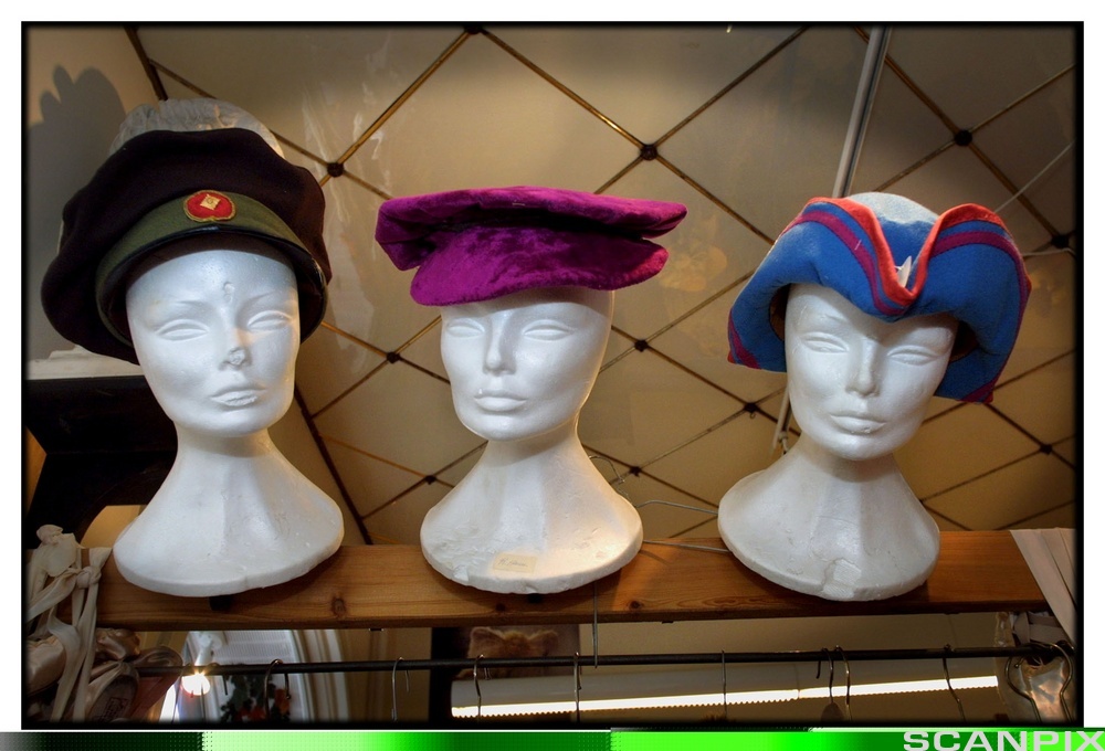 Tre hatter utstilt på dukkehoder. Foto.
