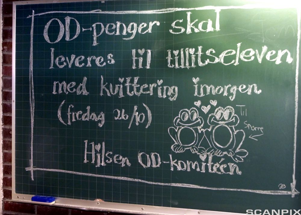 Beskjed fra OD-komiteen på grønn tavle, med tegning av to frosker. Tekst: "OD-penger skal leveres til tillitseleven med kvittering i morgen. Hilsen OD-komiteen". Foto. 