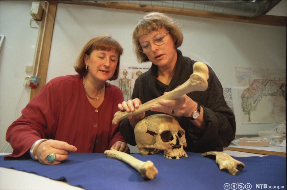 To kvinner undersøker gamle menneskeknokler. Foto.