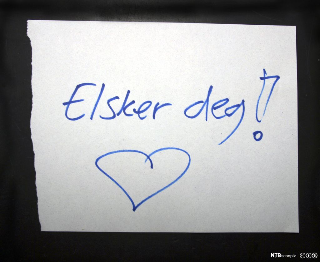 "Elsker deg!" skrevet på en papirbit. Under dette er et hjerte tegnet med samme tusj. Foto.