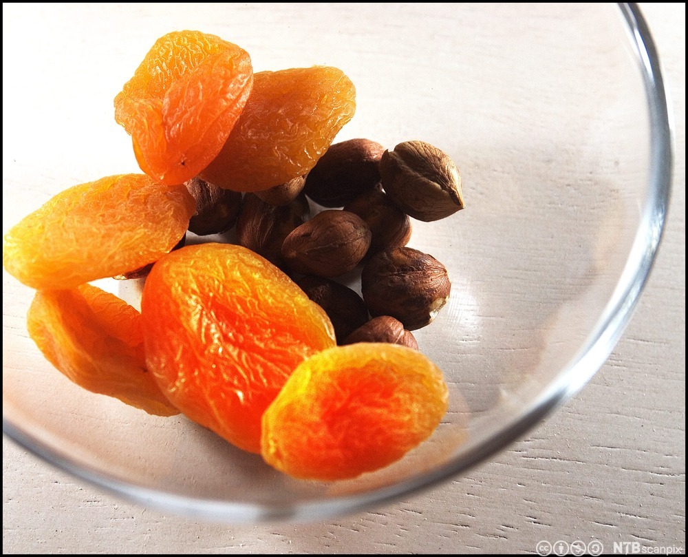 Tørkeet aprikoser som ligger litt foran noen nøtter i en blank glass skål. Foto