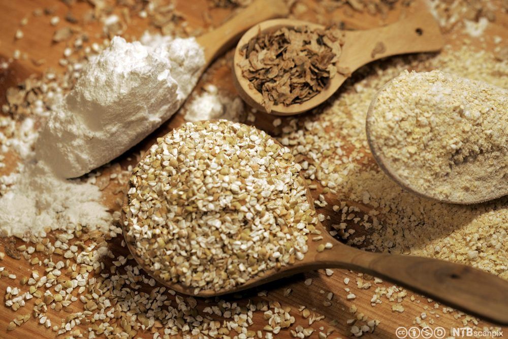 Treskeier med fire ulike glutenfrie produkt. Foto.