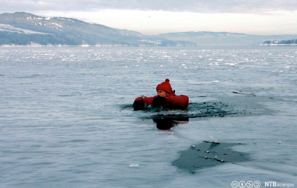 Mann som har gått gjennom isen. Foto.