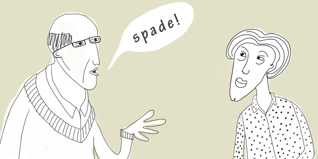 Mann sier ordet spade direkte til en kvinne. Illustrasjon. 