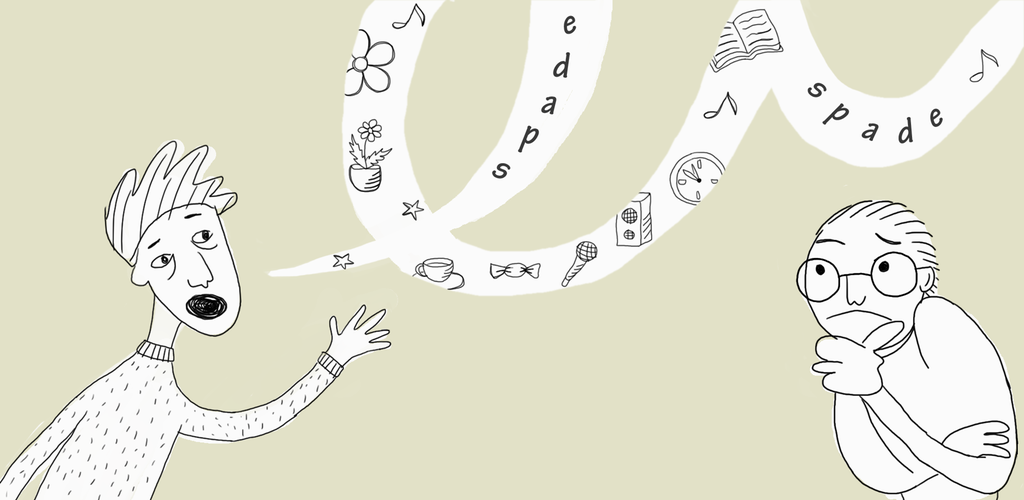 Ein mann snakkar, og orda går i ei sløyfe som er fylt med orda og ulike ting. Sløyfa går fram til mottakaren av bodskapen. Illustrasjon. 